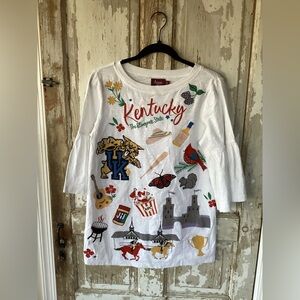 Avani Del Amour White Kentucky Graphic Top with Multi Embroidered Icons - S -NWT